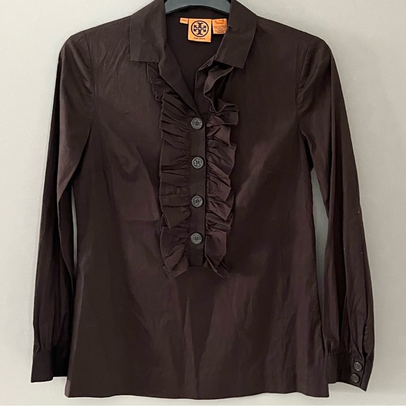 TORY BURCH Coco Brown Ruffle Front Button Up Long Sleeve Dress Shirt Size 4 - Picture 7 of 11